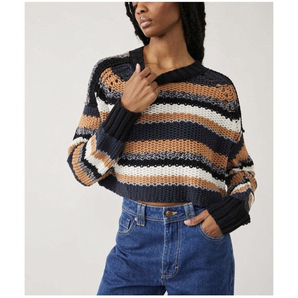 Free People Devon Stripe Crop Sweater Multicolor Medium OB1568915 Open Knit - Picture 1 of 12